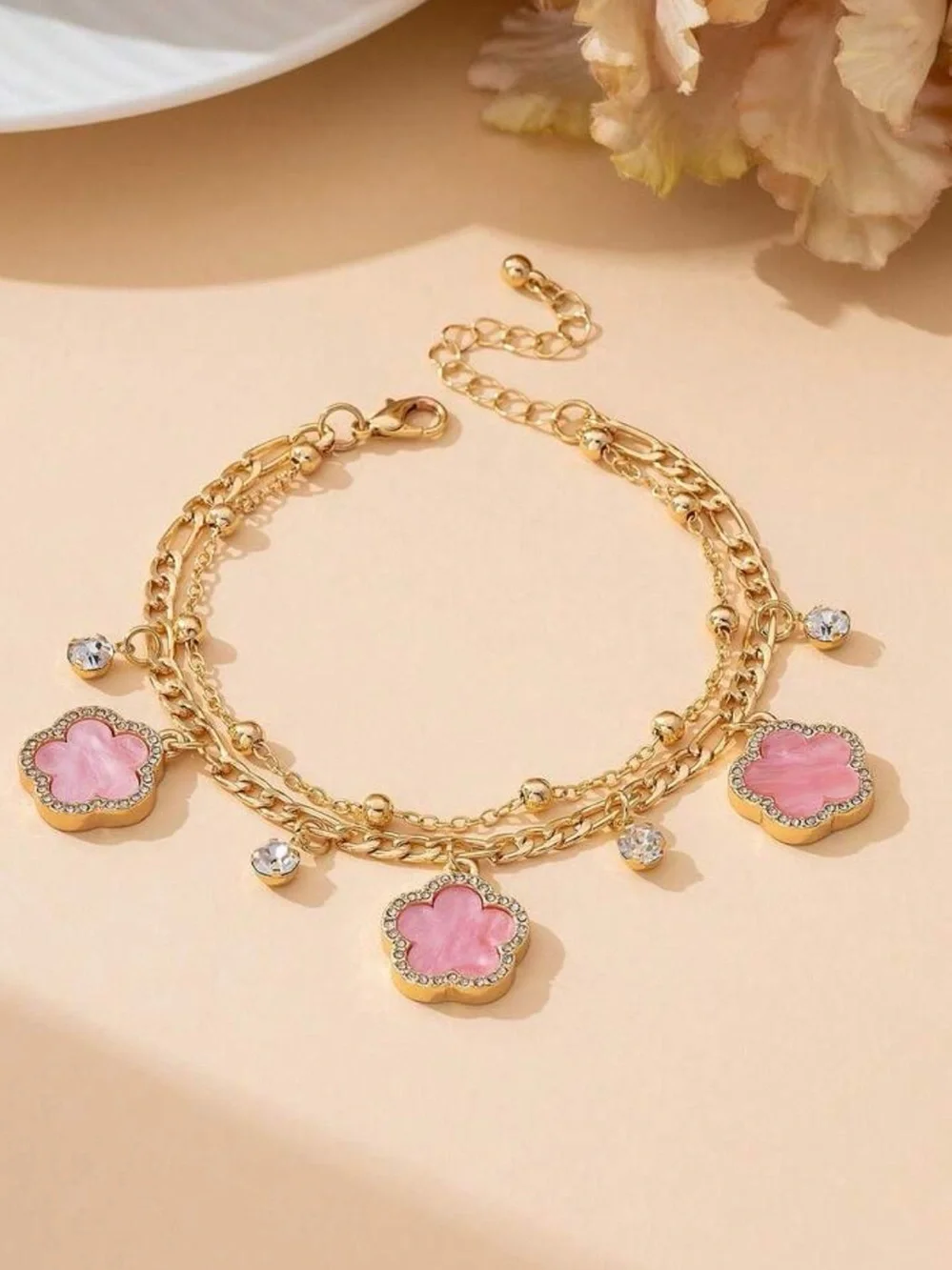 Pink Clover Charm Anklet Gold Layered Beach Anklet Dainty Summer Jewelry